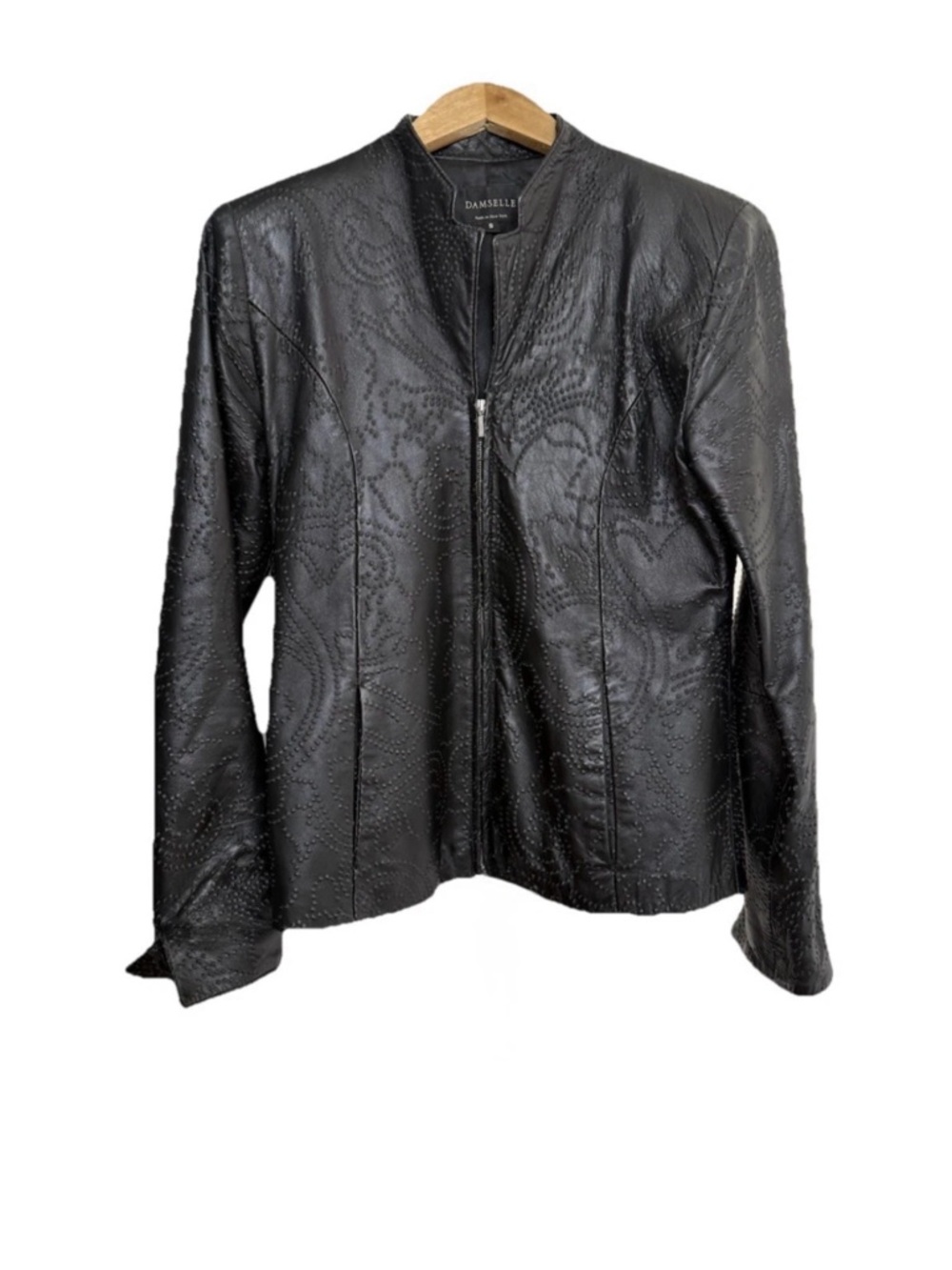 Vintage Damselle New York 100% Genuine Leather Embossed Black Jacket, Sz: S
